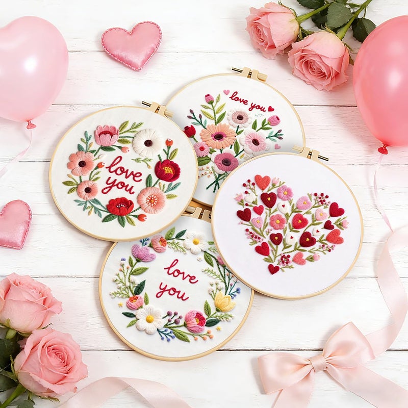 BBLYBD Valentines Embroidery Kit, 4 Set Cross Stitch Craft Kits for Beginners with Pre-Printed Embroidery Fabric, Hoops, Step-by-Step Instructions, Color Threads & Needles (Valentines-4 Set) - Image 3